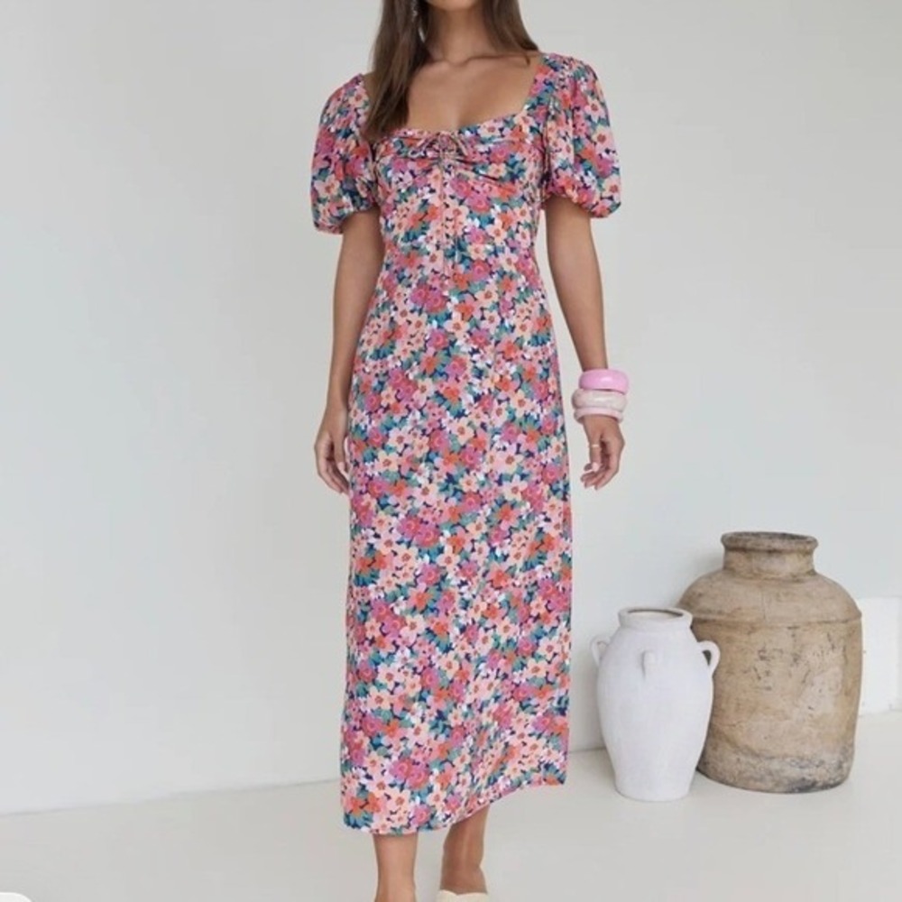 Charlie Holiday Floral Puff Sleeve Midi Dress‎ Size 4 Pink Multi Cottagecore